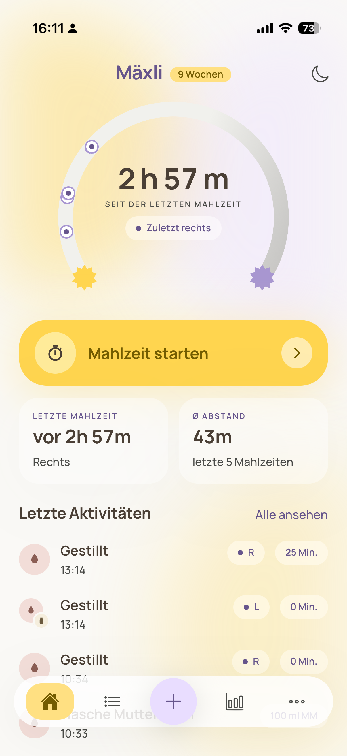 Nourli Dashboard mit Mahlzeiten-Timer